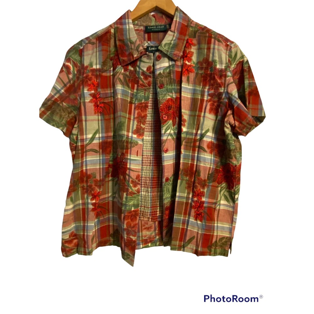 Lemon Grass Studio Plaid/Floral Embroidered Tank/Shirt Size Large